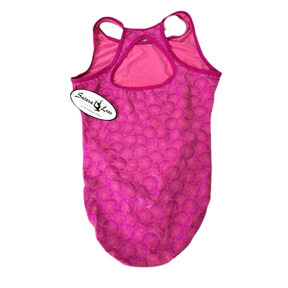 Satara VTG Barbie Pink Foiled Circles Racerback Leotard Open Back Keyhole Sz AL - Picture 11 of 15